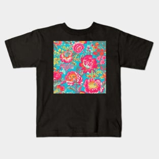 Hot Pink and Teal Colorful Floral, Happy Cheerful Floral Kids T-Shirt